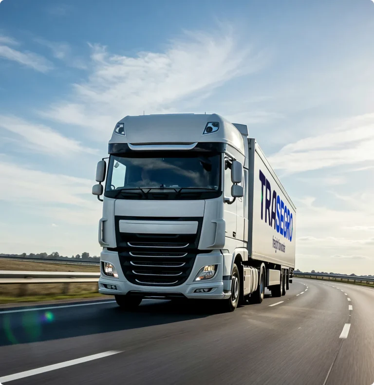 White Trasegro freight forwarder truck driving on a highway under a blue sky.