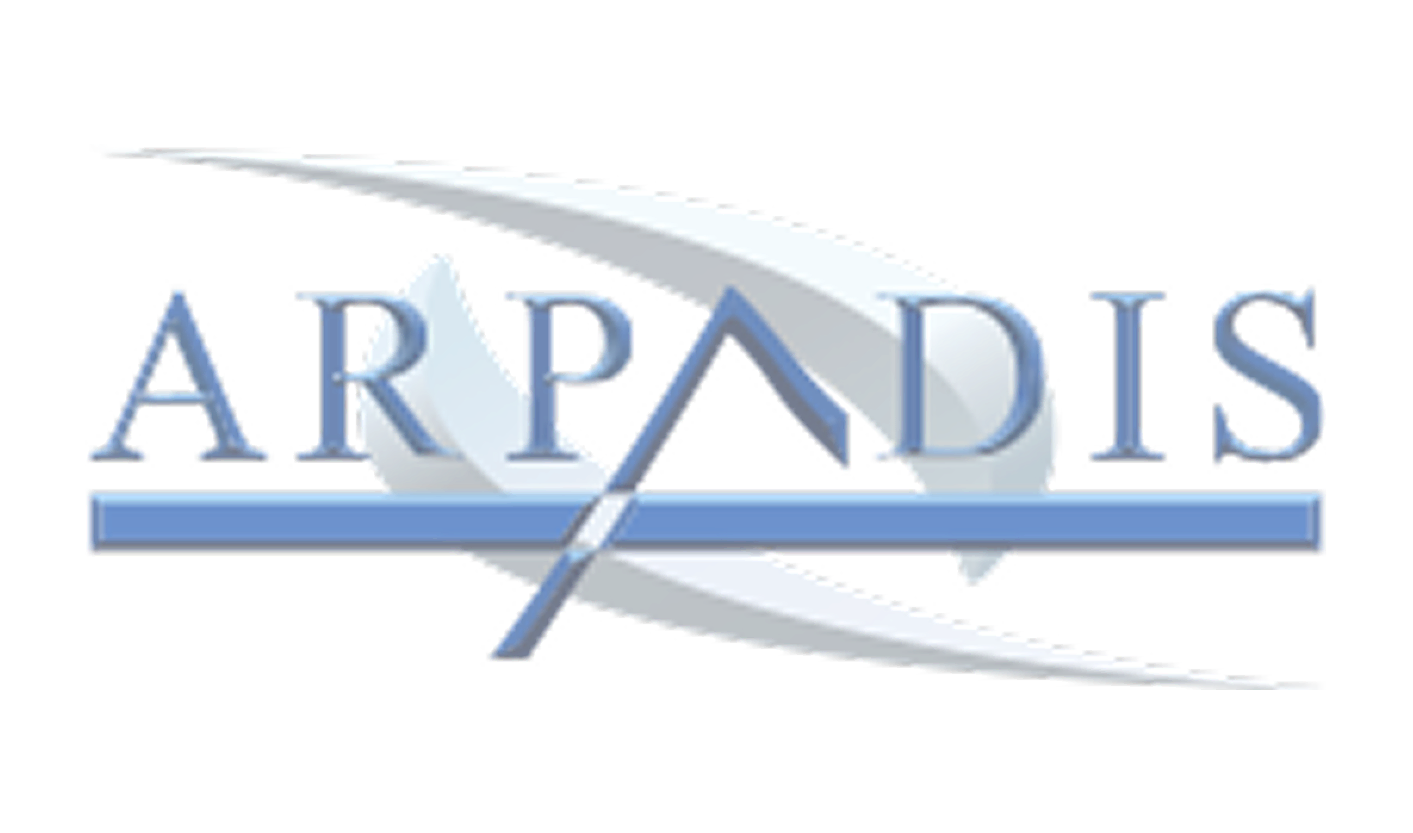 Arpadis logo with stylized blue text and a swoosh design in the background.