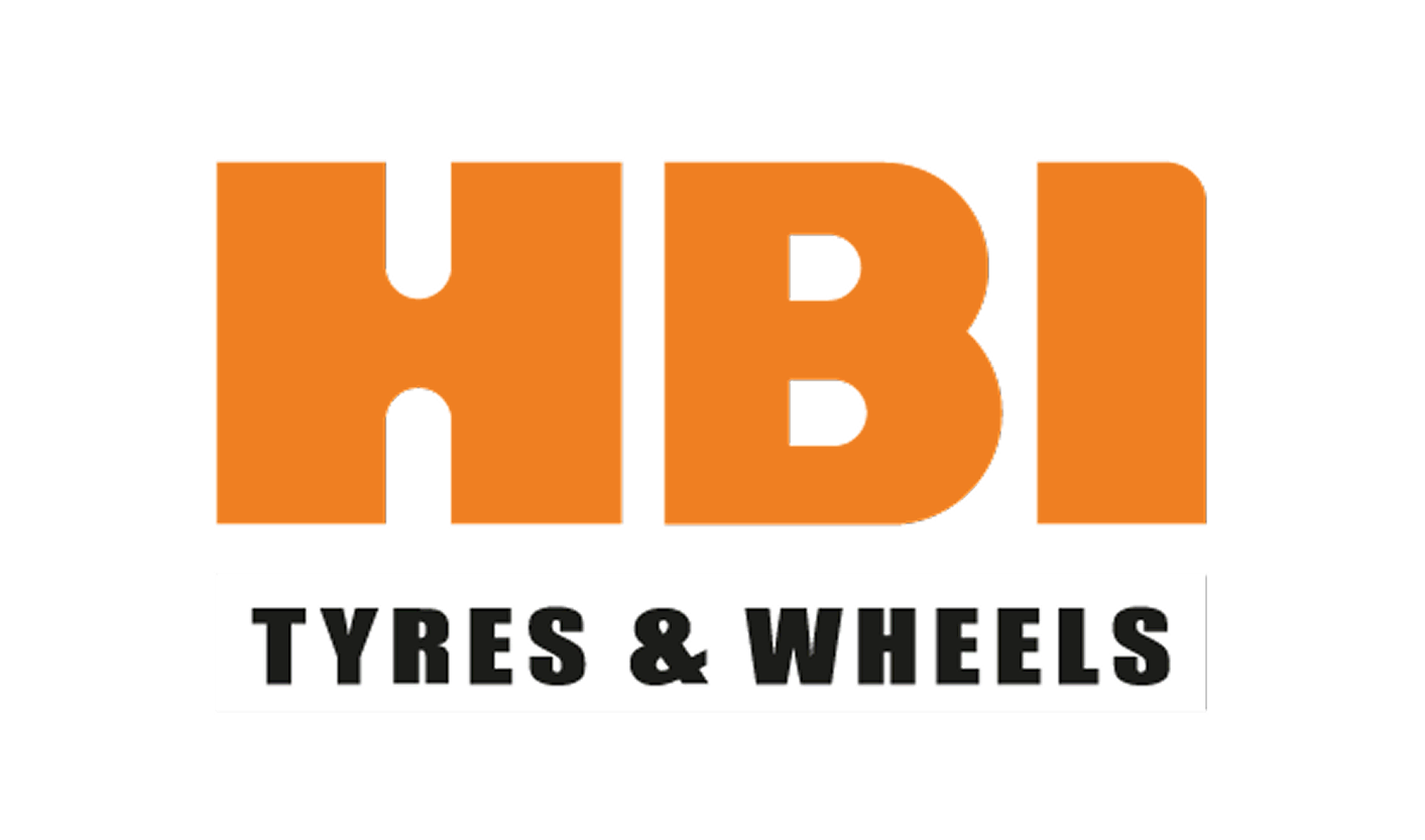 Logo of HBI Tyres & Wheels with bold orange letters and a black-and-white text banner.