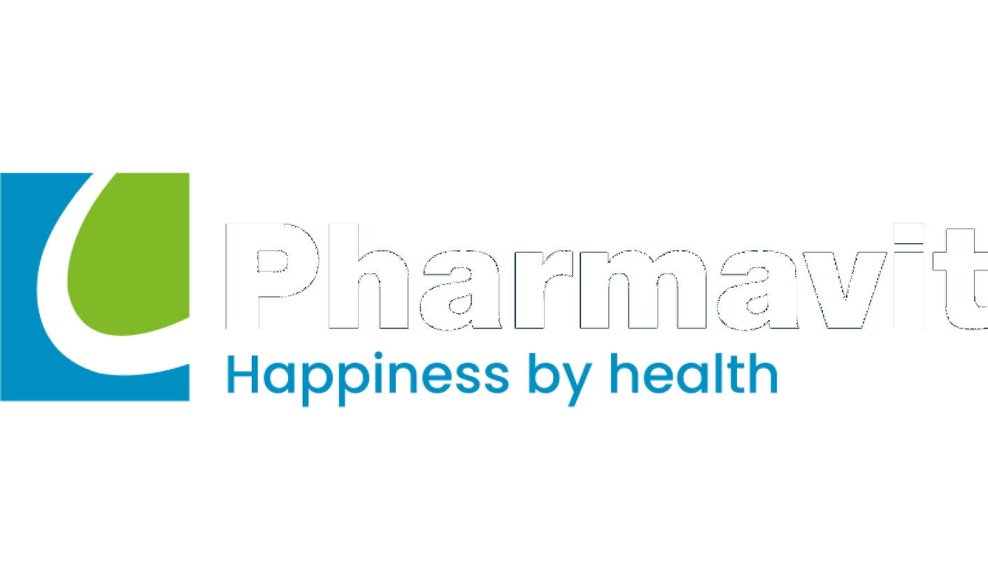 Pharmavit logo with green and blue icon and the slogan "Happiness by health".
