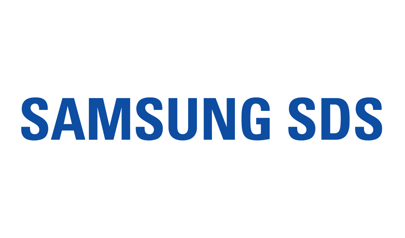 Samsung SDS logo in bold blue capital letters on a white background.
