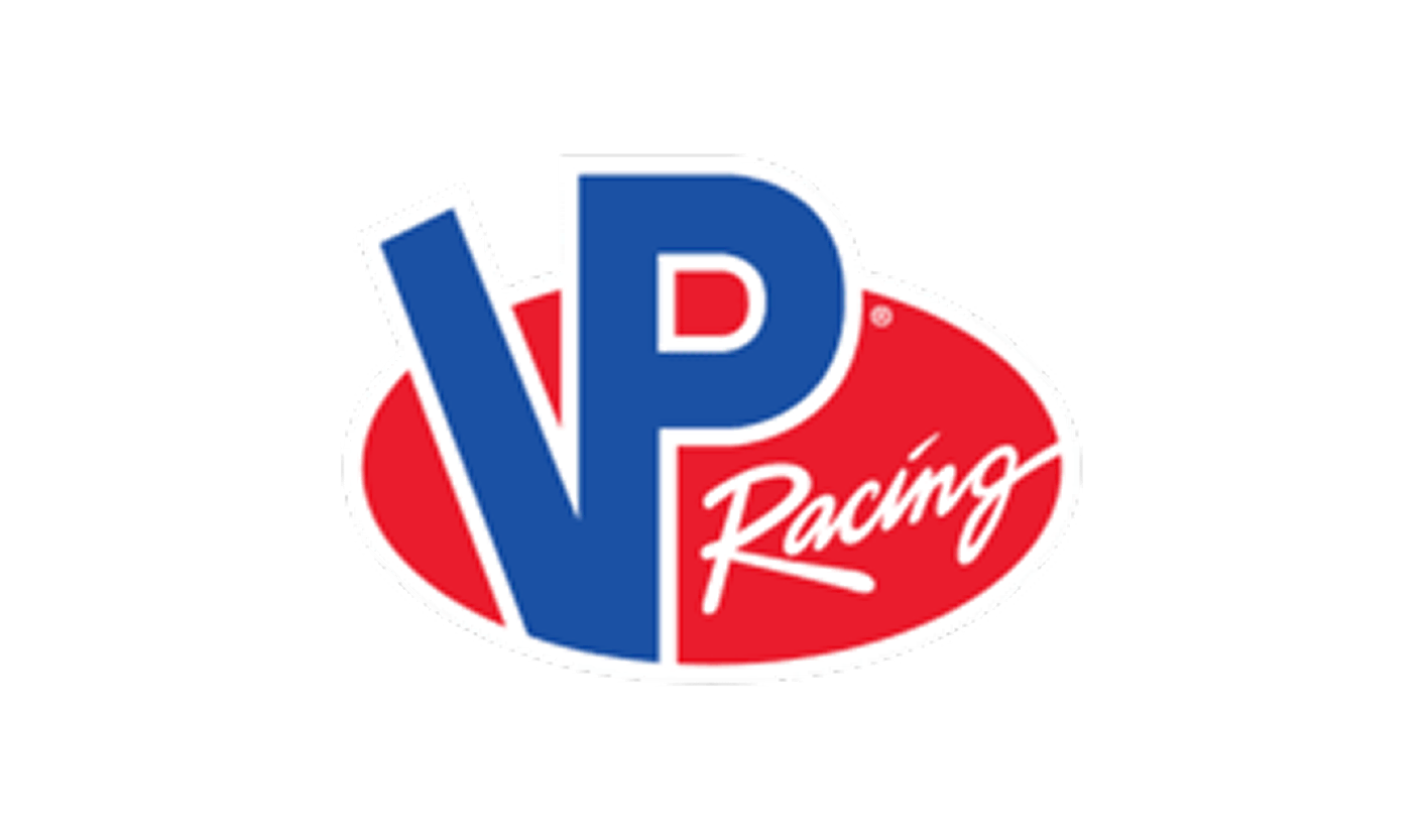 VP Racing logo with bold blue "VP" letters over a red oval background featuring the word "Racing" in white script.