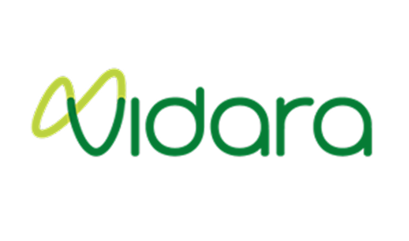 Logo of Vidara with a green and yellow looped icon above the company name in green text.