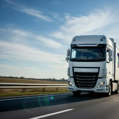 White Trasegro freight truck driving on a highway under a blue sky.