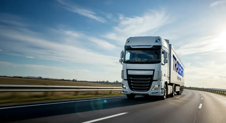 White Trasegro freight truck driving on a highway under a blue sky.