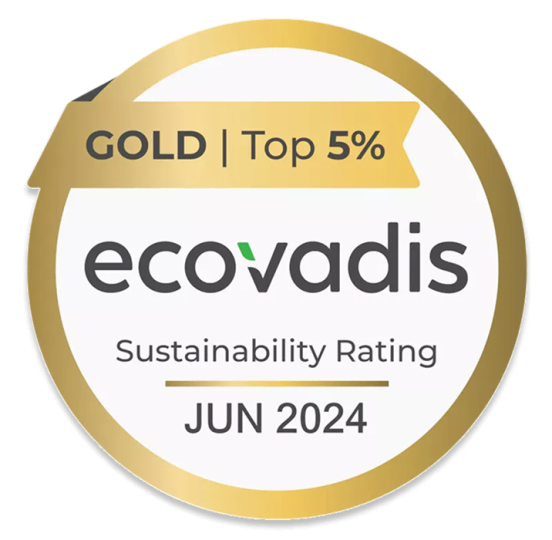 Gold Ecovadis sustainability rating badge for June 2024, indicating a top 5% ranking.
